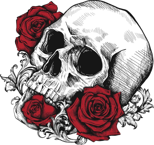 A human skull with two roses on white background