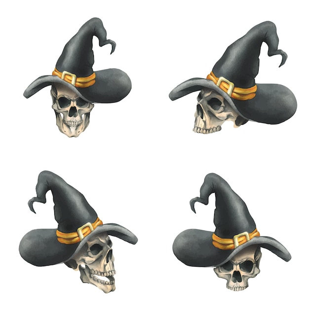 Human skulls in black witch hat with orange ribbon and gold buckle for death day and halloween