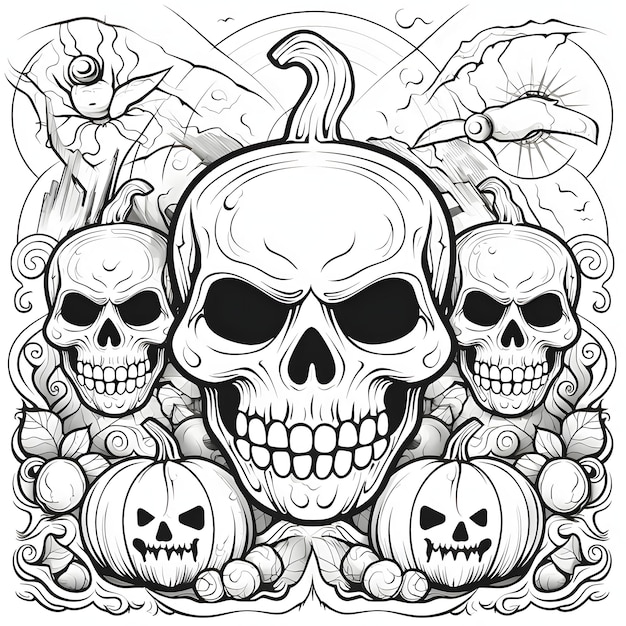 Vector human skulls and jackolantern pumpkins flying moths in the background halloween black and white picture coloring book