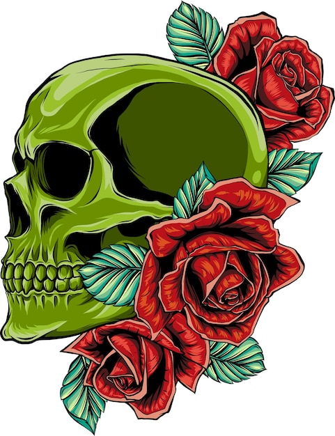 A human skulls with roses on white background