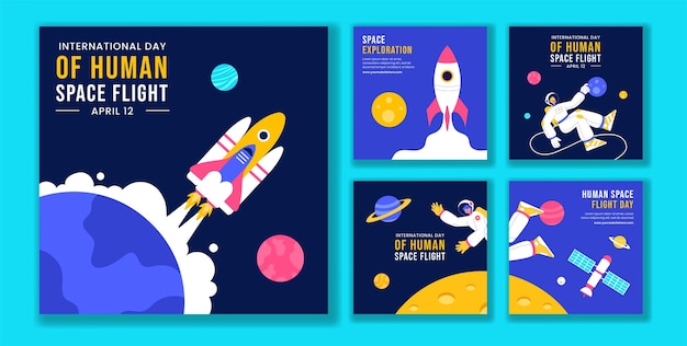 Human Space Flight Celebration Social Media Post Template in Flat Cartoon Design