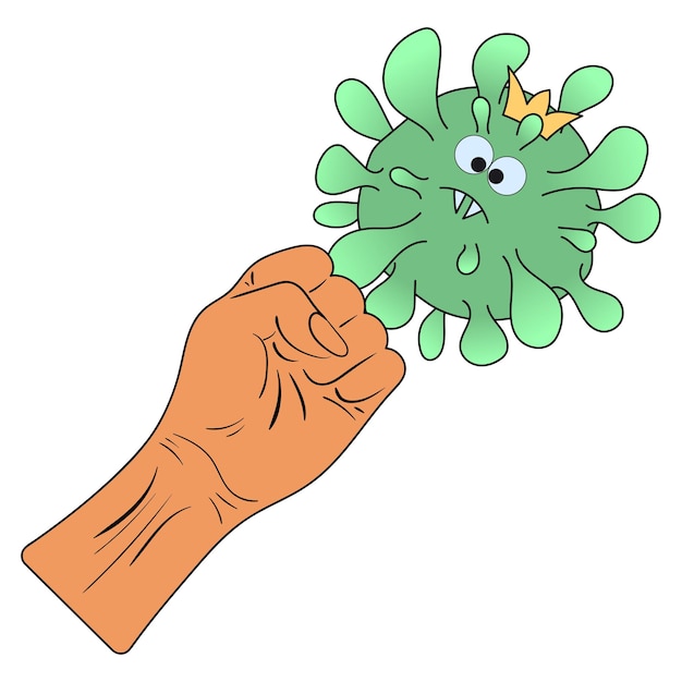 Human threatens with his fist to the coronavirus. Doctor destroys covid 19. Virus attacks the hand