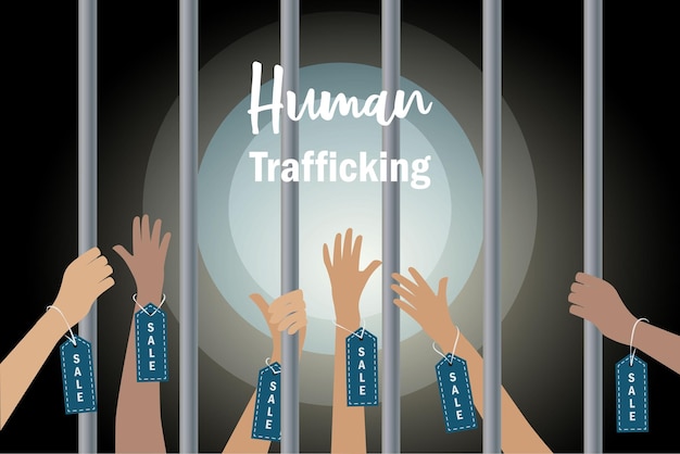 Vector human trafficking and human rights concept abused hands with sale label tag imprisonment in jail bars asking hopeless for help