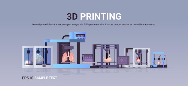 人間の移植器官モデルは、3 d バイオ プリンター医療印刷生物工学バイオプリンティング コンセプト水平コピー スペース ベクトル図に印刷します