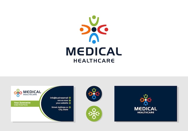 Вектор Человеческое единство, медицинский знак плюс логотип и шаблон дизайна визитной карточки