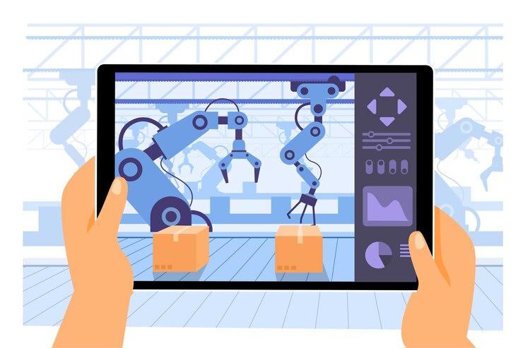 Vector human use tablet application as computer to control the robot arms working in procuction convoyed in the smart factory industry 4