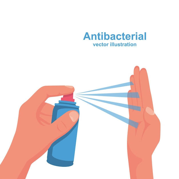 Human uses antibacterial spray. personal hygiene concept. preventive coronavirus covid-19. protection against bacteria and germs. hand wash the disinfectant. spay bottle in hand. vector flat design.