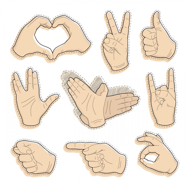 Human vintage hand drawing with pointing finger, peace sign, love gesture