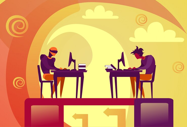 Vector human vs artificial intelligence business man and robot working on computers
