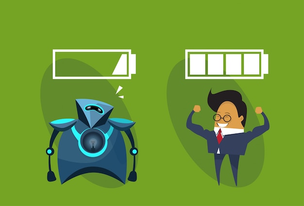 human vs robots modern robotic and business man with battery signs icon