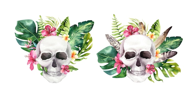 Human watercolor skull with floral tropical bouquets Mexican El Da de Muertos Day of the Death