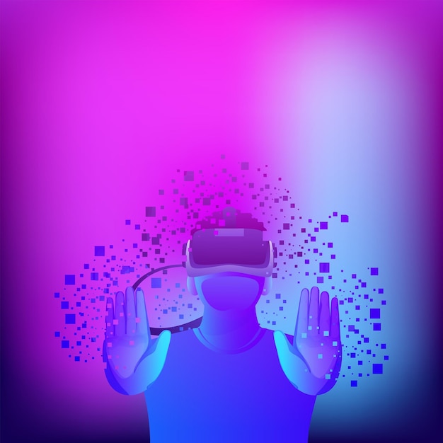 Human Wearing VR Box Against Abstract Magenta And Blue Background For Metaverse