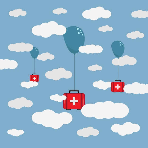 Humanitarian aid medical cargo goes down to hardtoreach places with a balloons flat illustration