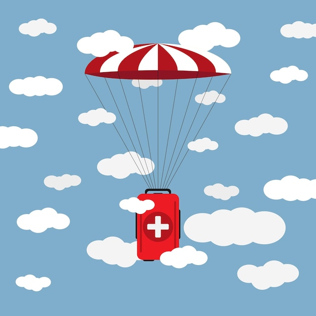 Humanitarian aid medical cargo goes down to hardtoreach places with a parachute flat illustration