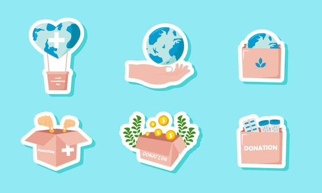 Humanitarian day stickers set design