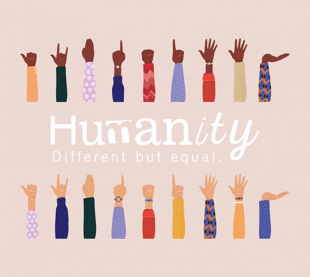 Vector humanity different but equal and diversity hands up design, people multiethnic race and community theme