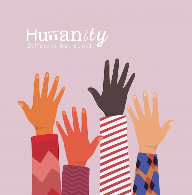 L'umanità è diversa ma uguale e la diversità alza la mano il design, la razza multietnica delle persone e il tema della comunità