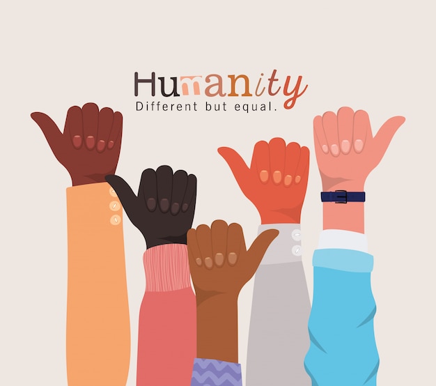 Humanity different but equal and diversity like hands up design, people multiethnic race and community theme