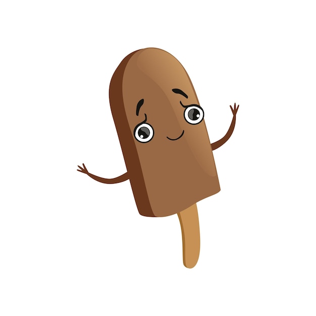 Humanized chocolate ice-cream on wooden stick with cute face. Sweet frozen dessert. Cartoon character of delicious summer snack with shiny eyes and little hands. Flat vector design isolated on white.