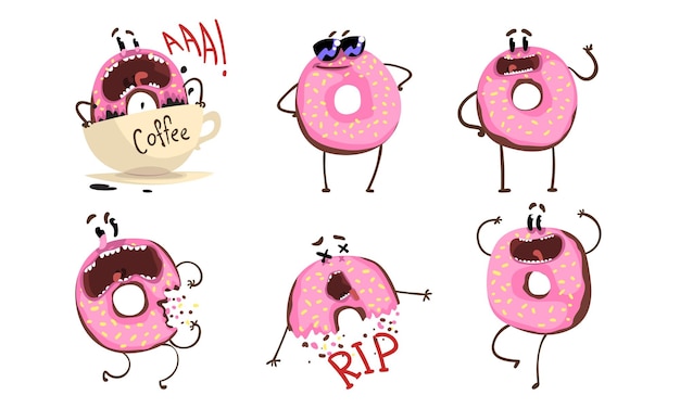 Humanized Donuts Cartoon Characters Collection Grappige donuts met grappige gezichten Vector illustratie