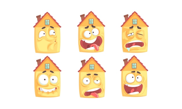 Vector humanized houses collection grappig gebouw cartoon personage met verschillende gezichtsuitdrukkingen vector illustratie