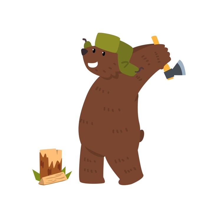 Vector humanized male bear character with ax chopping wood cartoon vector illustration isolated on a white background