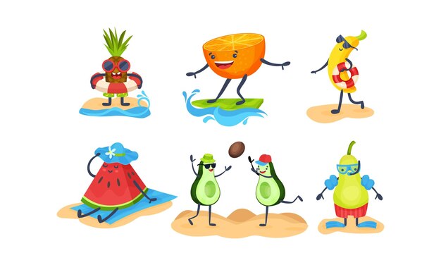 Vector humanized pineapple avocado banana watermelon orange pear relax on the beach play volleyball ride a surf vector illustration on a white background