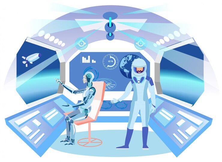 Vector humanoid astronaut in spaceship flat illustration