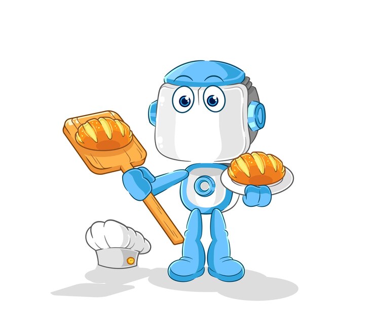 Vector humanoid robot baker with bread cartoon mascot vector