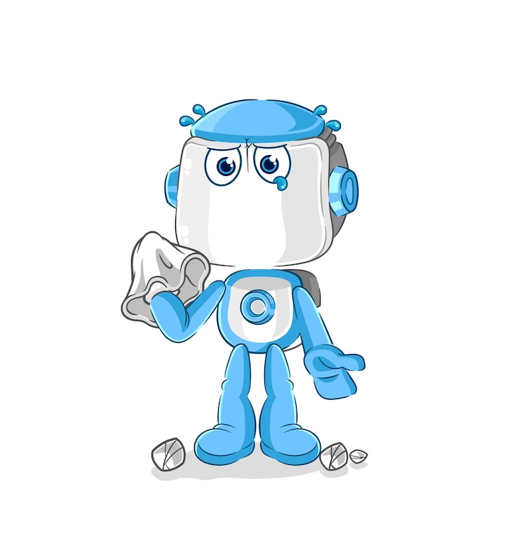 Vector humanoid robot cry with a tissue cartoon mascot vector