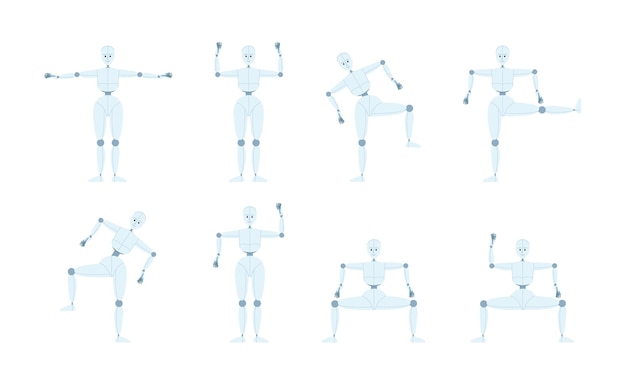 Vector humanoid robot dance movements semi flat color vector character bundle