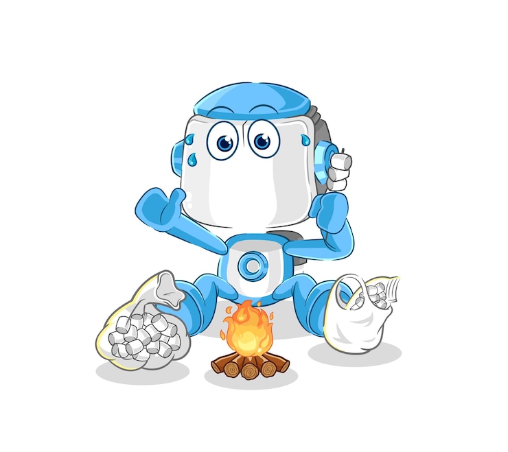Vector humanoid robot roasting marshmallows cartoon mascot vector