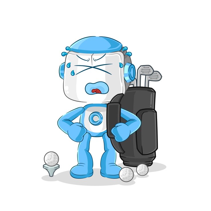 Vector humanoid robot with golf equipment cartoon mascot vector