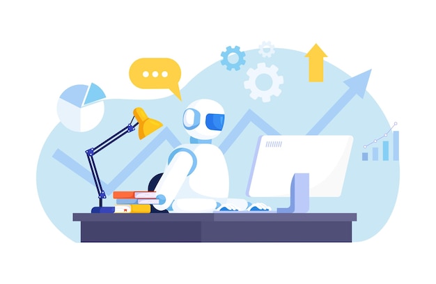 オフィスワークスペースでコンピューターで作業するヒューマノイドロボット 人工知能 AI ビジネスプロセスの自動化 作業組織 プロジェクト管理ソフトウェア開発 自動化ビジネスシステム