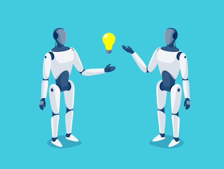 Vector humanoid robots standing and talking about idea