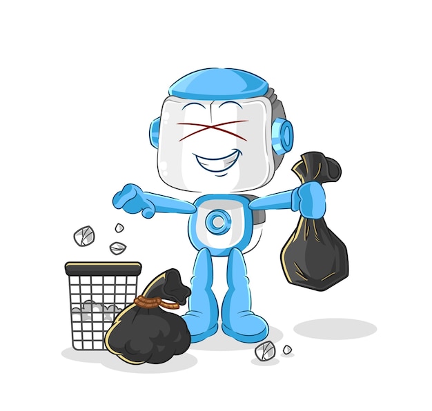 Humanoïde robot gooien vuilnis mascotte cartoon vector