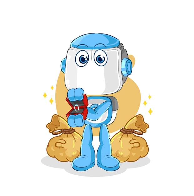 Humanoïde robot stelt voor met ring cartoon mascotte vector