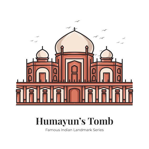 フマユーン廟インドのランドマークの象徴的な漫画イラスト