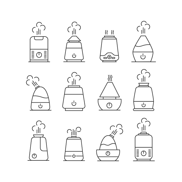 가습기 아이콘 세트입니다. 스팀이 있는 컨투어 가습기. 흰색 배경에 고립.