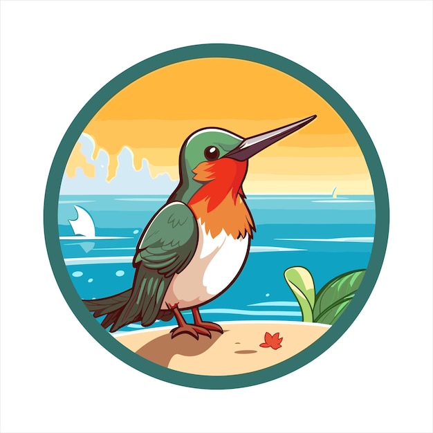 Vettore colibri cartoon carino divertente kawaii colorato acquerello spiaggia estate animale adesivo illustrazione