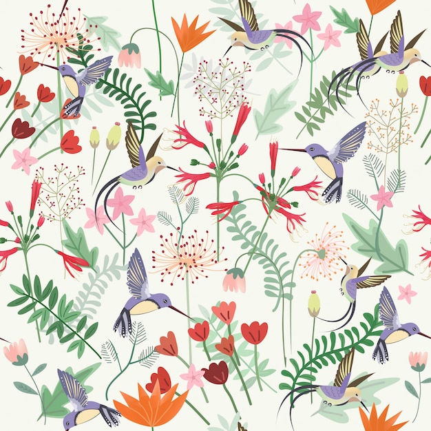 Hummingbird in sweet flower garden seamless pattern.