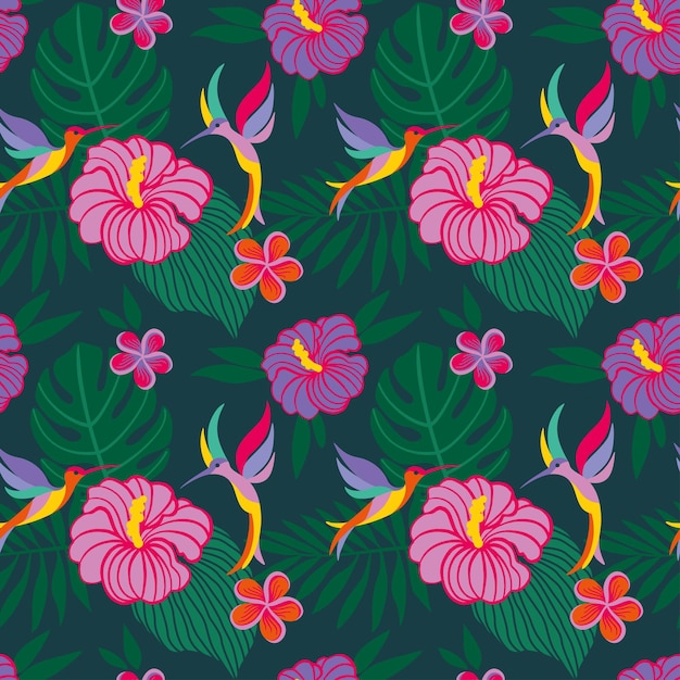 Колибри порхают над экзотическими цветами Colibri Tropical print Бесшовный узор