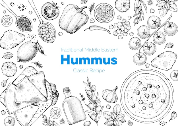 Hummus cooking and ingredients for hummus sketch illustration Middle eastern cuisine frame Healthy food design elements Hand drawn package design Middle eastern food