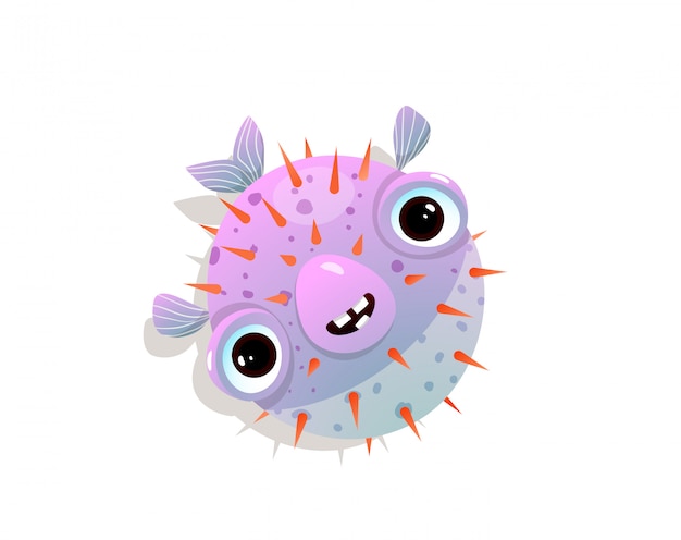 Humor puffer or blow fish childlike funny character of spiky ocean or sea fish.