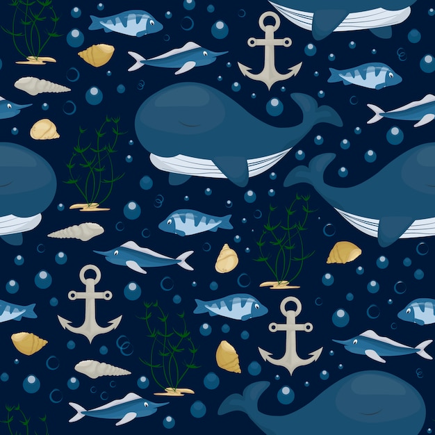 ザトウクジラ文字シームレスパターン。青い海で海の海洋哺乳類