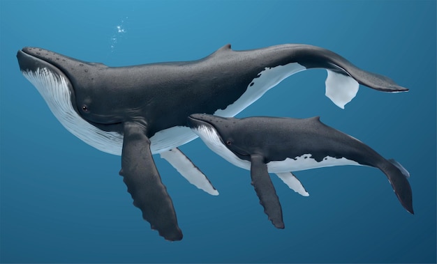 Vector humpback whale family swimming together, isolated on indigo blue background, 3d illustration