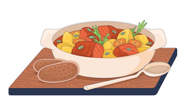 hungarian goulash served with bread and spoon 2d vector illustration
