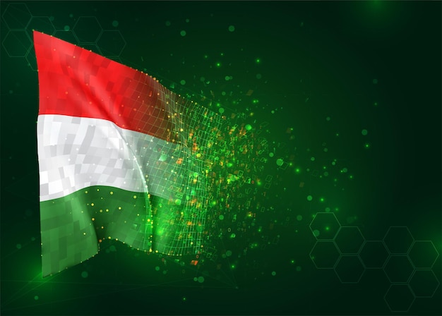 Hungary, 3d flag on green background with polygons