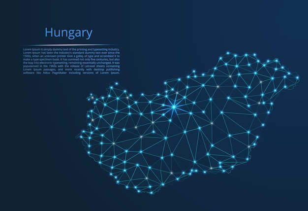 Hungary communication network map Vector low poly image of a global map with lights