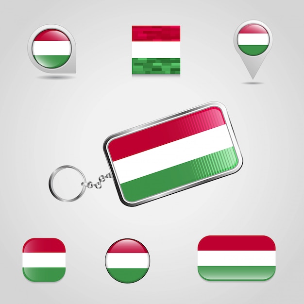 Vector hungary country flag on keychain and map pin different style